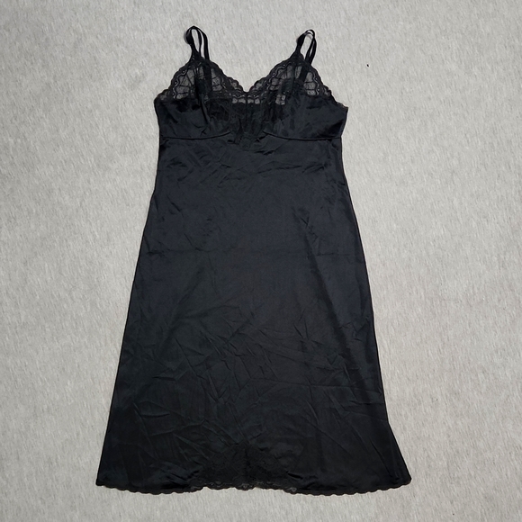 Vintage Vanity Fair Lingerie Slip Lacey Satin Silk Black Chemise Nightgown Dress - Picture 5 of 13